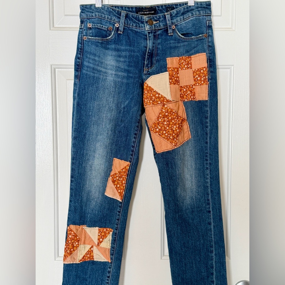 Lucky Brand Handcrafted Patchwork Jeans Size 27 / 4 Boho Quilt Denim